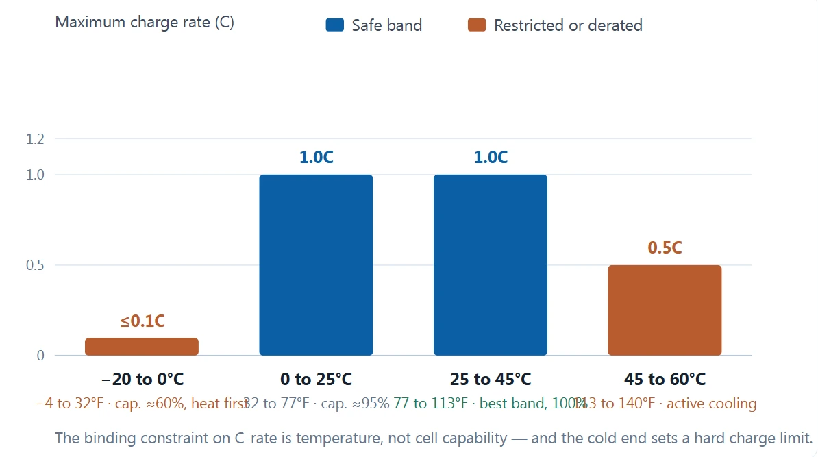 Maximum charge C-rate and usable capacity by temperature band for LFP cabinets Maximum charge C-rate and usable capacity by temperature band for LFP cabinets