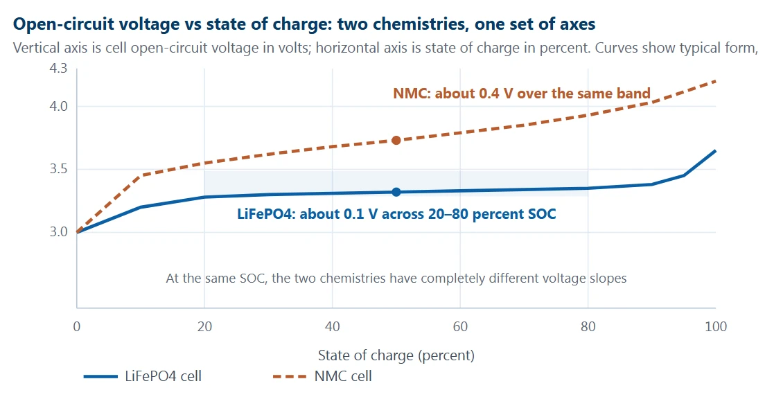 Open-circuit voltage vs state of charge two chemistries one set of axes Open-circuit voltage vs state of charge two chemistries one set of axes